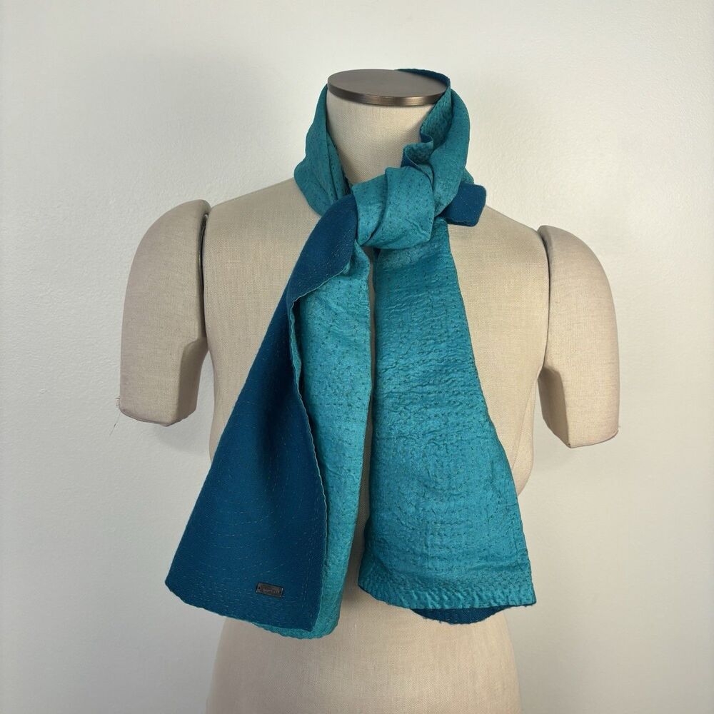 Dosa Hand-Stitched Kantha Silk Scarf Teal and Cerulean Reversible Christina Kim - Picture 2 of 11